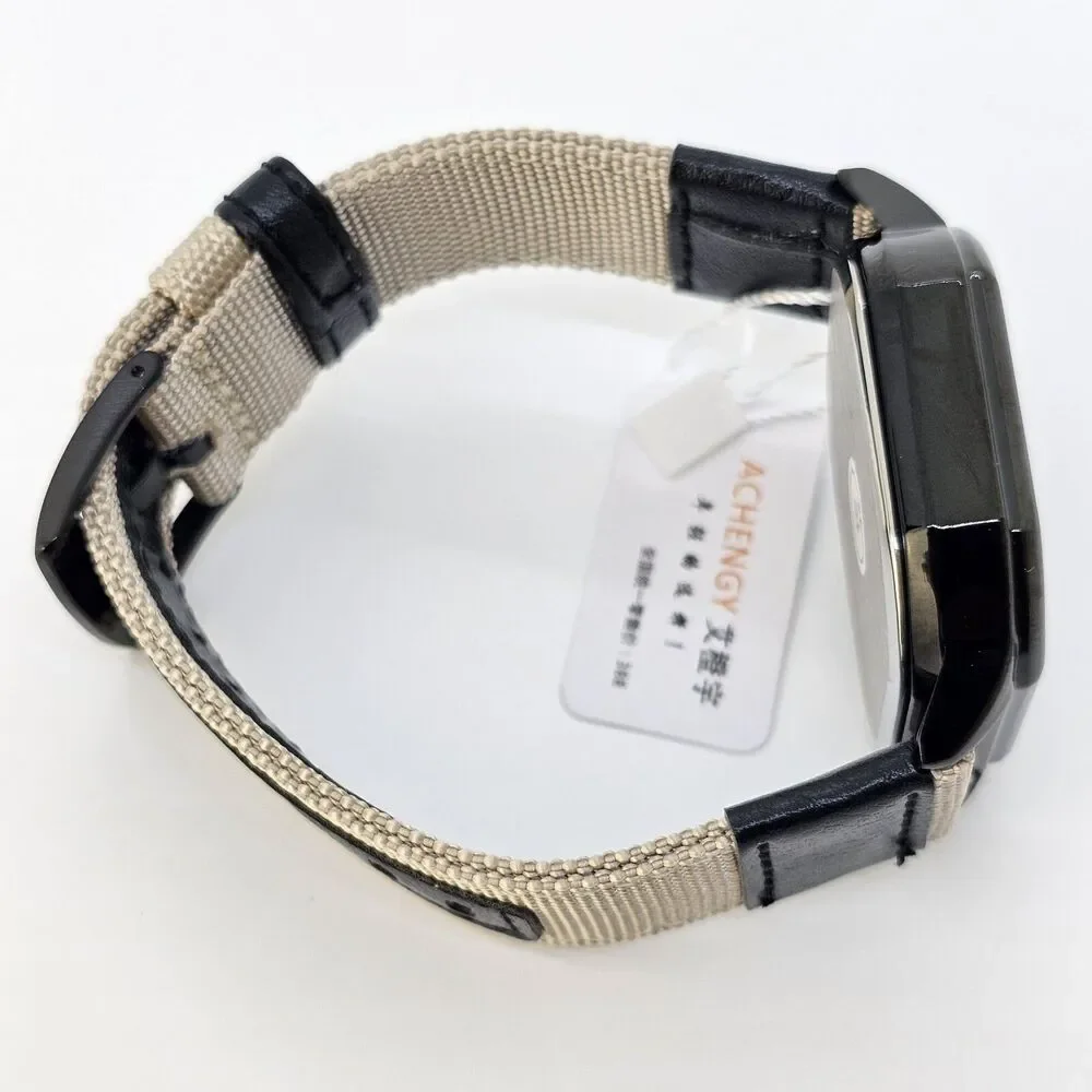 Men's Watch 42MM Black Case Black Dial Date‎ Black Tan Canvas Band Straps